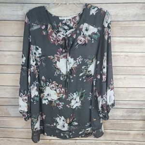 Violet & Claire Women's Blouse 1X Gray Purple Green Floral Long Sleeve